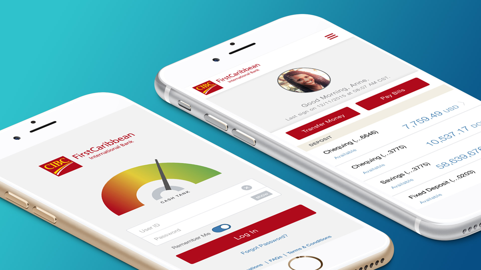 Banking app screens with security features