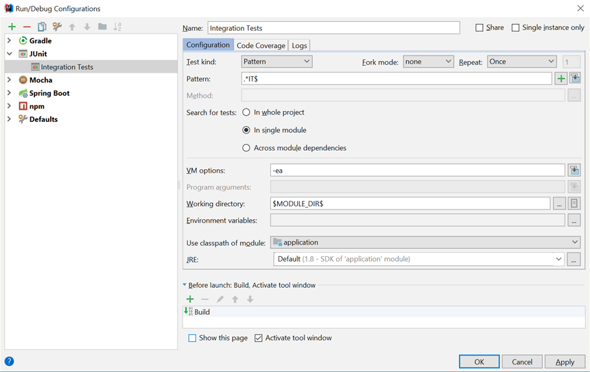 Integration tests in JUnit